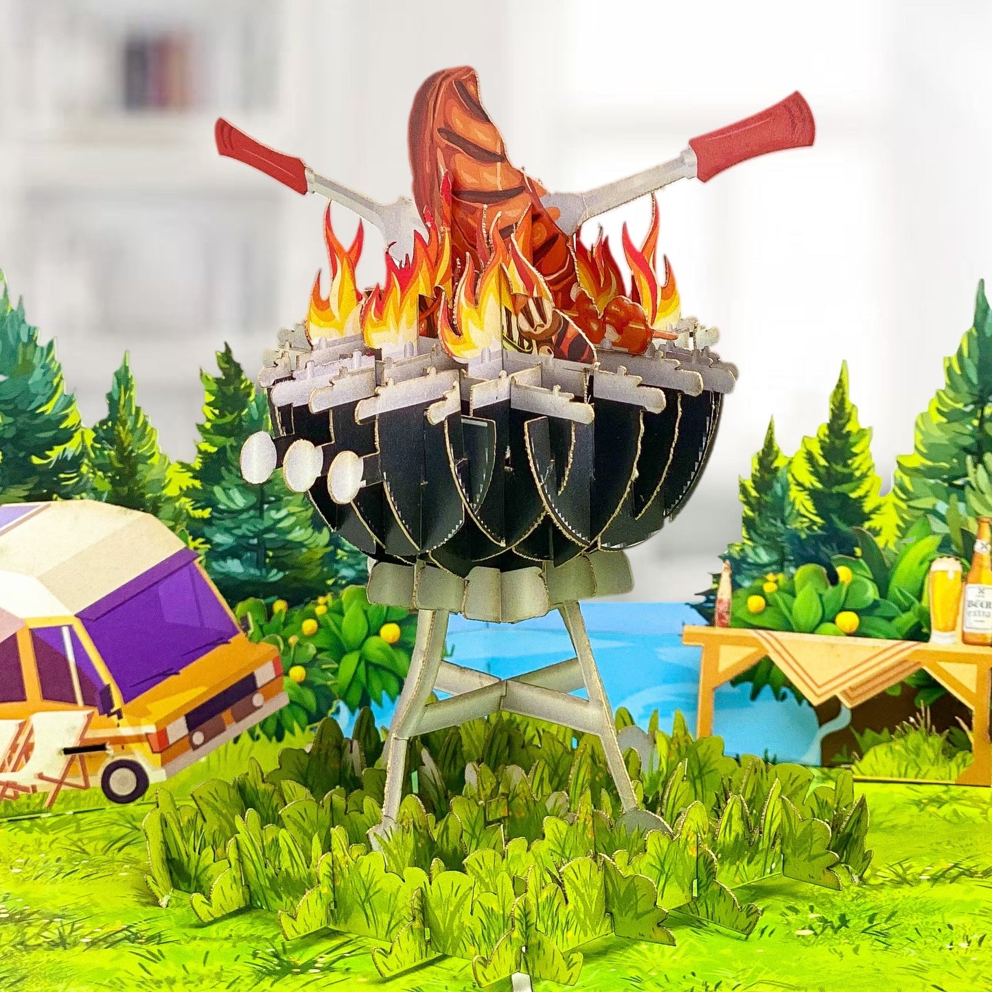 Best Flippin' Dad Pop Up Card Funny 3D BBQ Grill Scene with Steak, Fire and Camper Perfect Father's Day or Birthday Card for Dad, Husband, Grill Masters, Backyard Chefs, Dog Dads