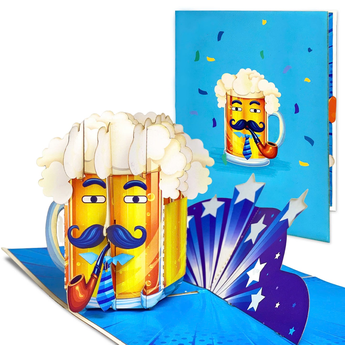 Pop Up Beer Mug Card Funny 3D Beer Glass with Mustache, Pipe and Tie Unique Father's Day, Birthday Greeting Card for Dad, Grandpa, Husband, Beer Lovers, Men with Sense of Humor