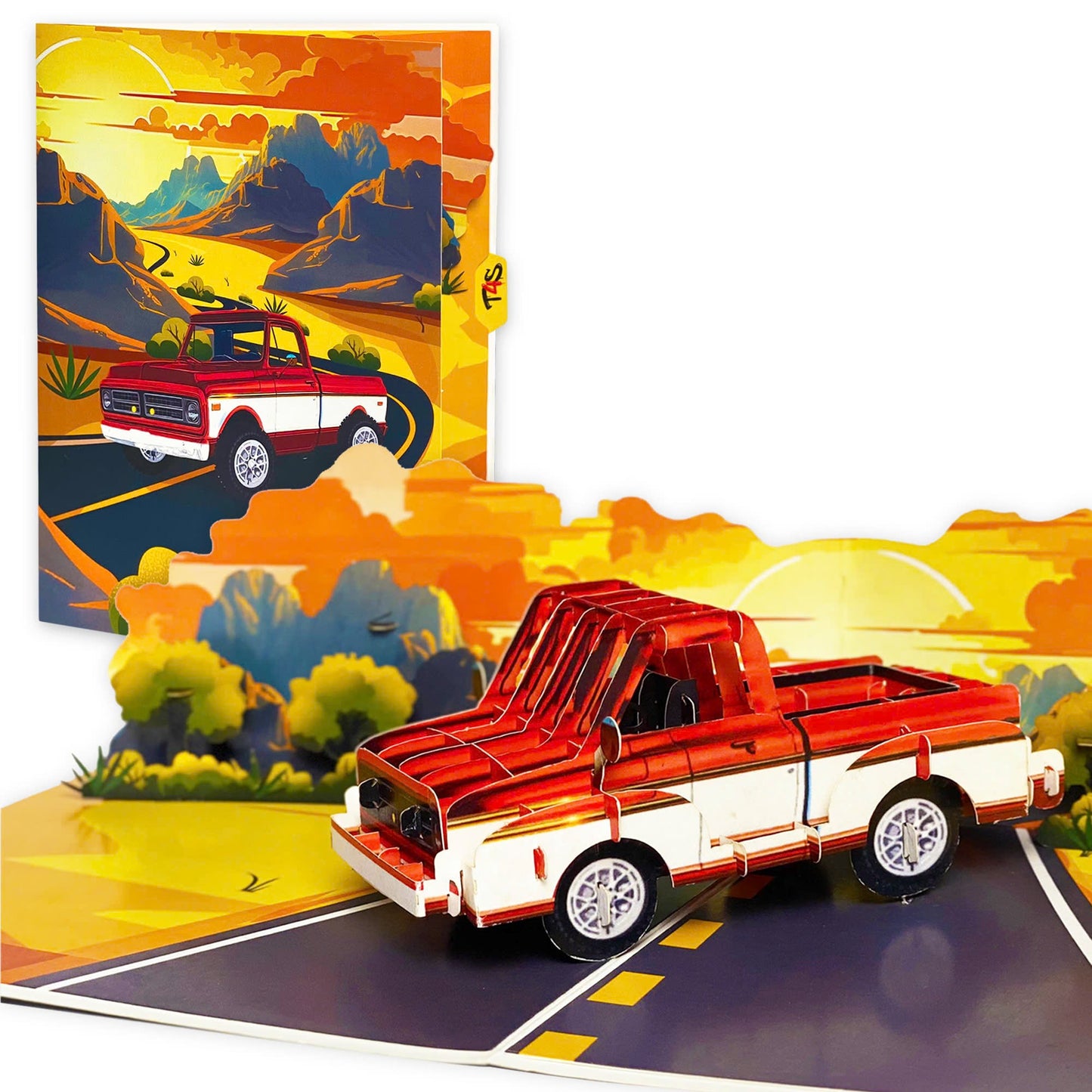 Pop Up Retro Truck Card 3D Classic Red Pickup on Sunset Road Perfect Father's Day, Birthday Greeting Card for Dad, Grandpa, Husband, Car Lovers, Vintage Auto Fans, Americana Style Men