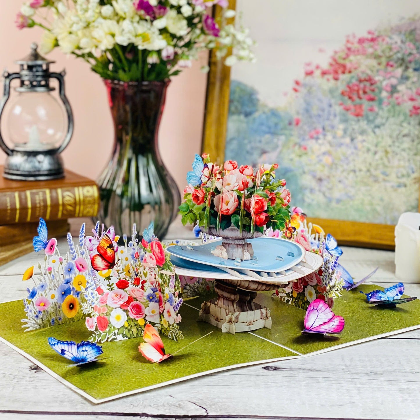 Garden Fountain Pop Up Card 3D Floral Water Feature with Butterflies and Roses Elegant Mother's Day, Birthday, Thank You, Anniversary Greeting Card for Mom, Wife, Grandma, Her