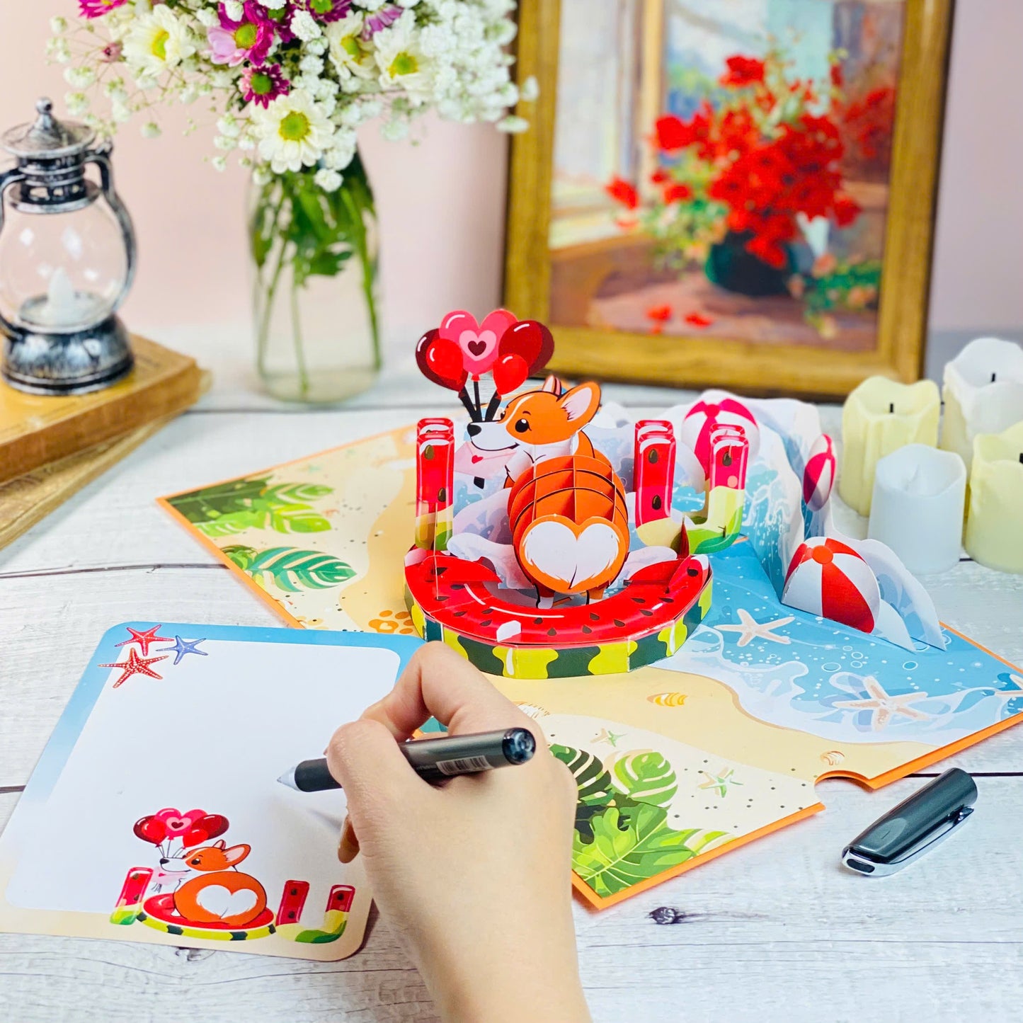 Corgi Beach Pop Up Card Funny 3D Dog in Heart Floatie with Balloons and Waves Cute Birthday, Valentine, Just Because Greeting Card for Dog Lovers, Her, Girlfriend, Kids, Animal Fans