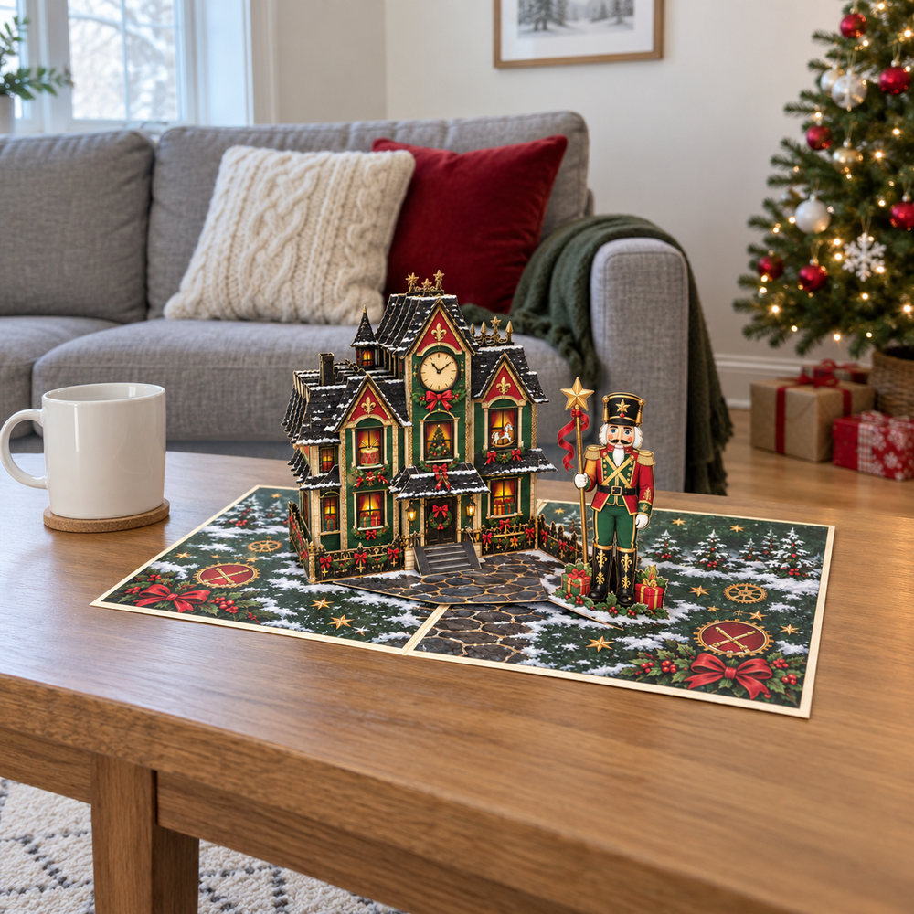 Nutcracker Christmas House Pop-Up Card – 3D Greeting Card & Christmas Gift