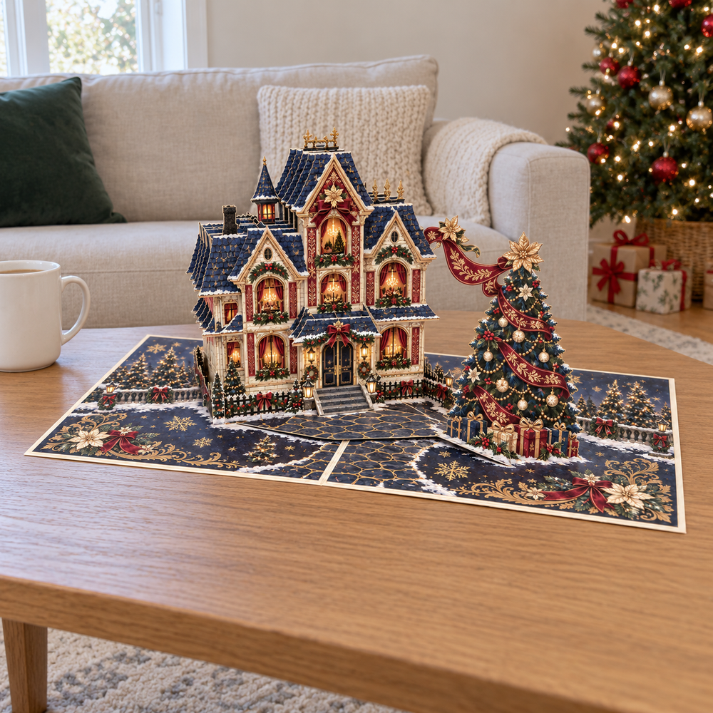 Velvet & Gold Christmas House Pop-Up Card – 3D Greeting Card & Christmas Gift