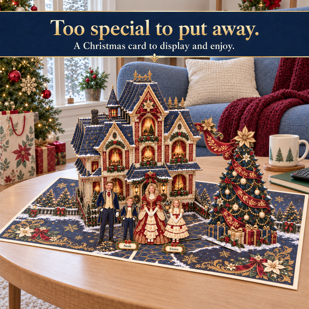 Personalized Christmas Family Pop-Up Card with Photos & Names – Velvet & Gold