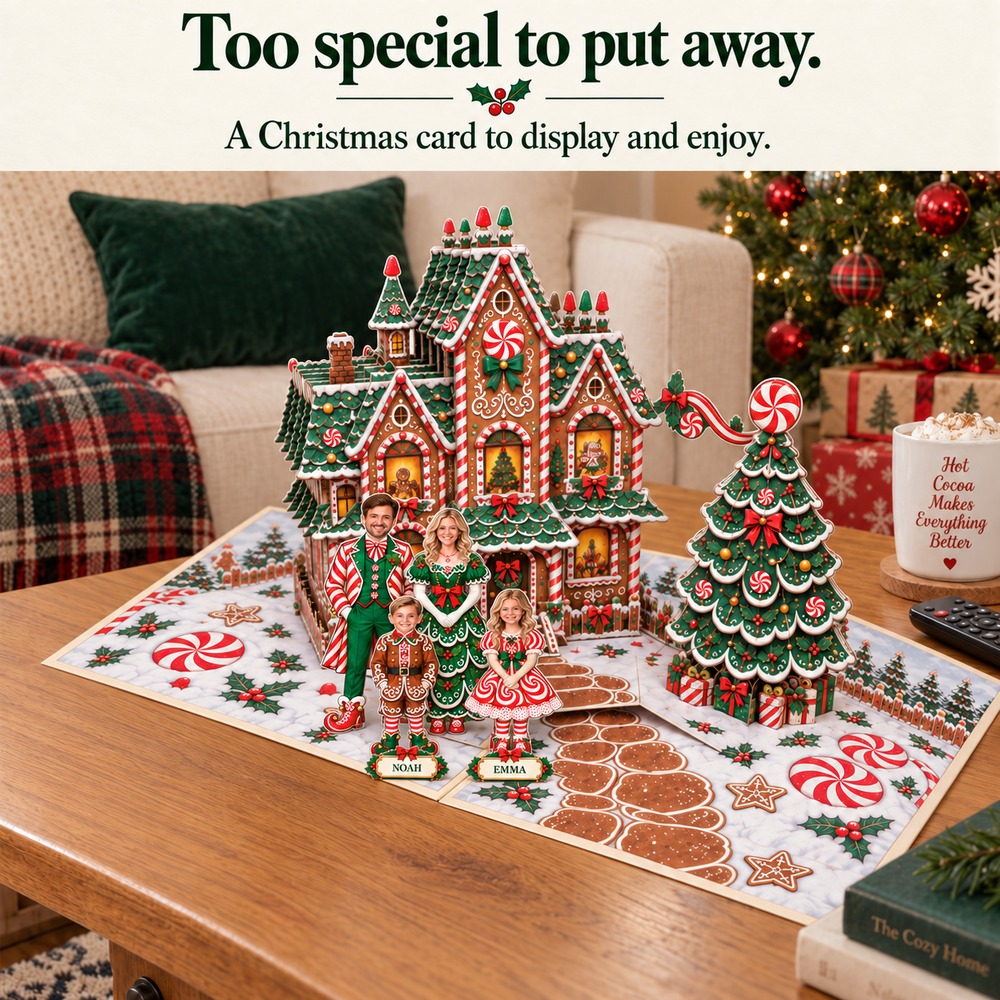 Personalized Christmas Family Pop-Up Card with Photos & Names – Gingerbread Candy Kingdom