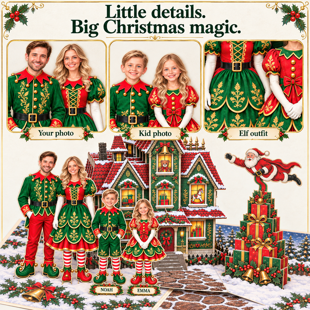 Personalized Christmas Family Pop-Up Card with Photos & Names – Santa’s Elf Family