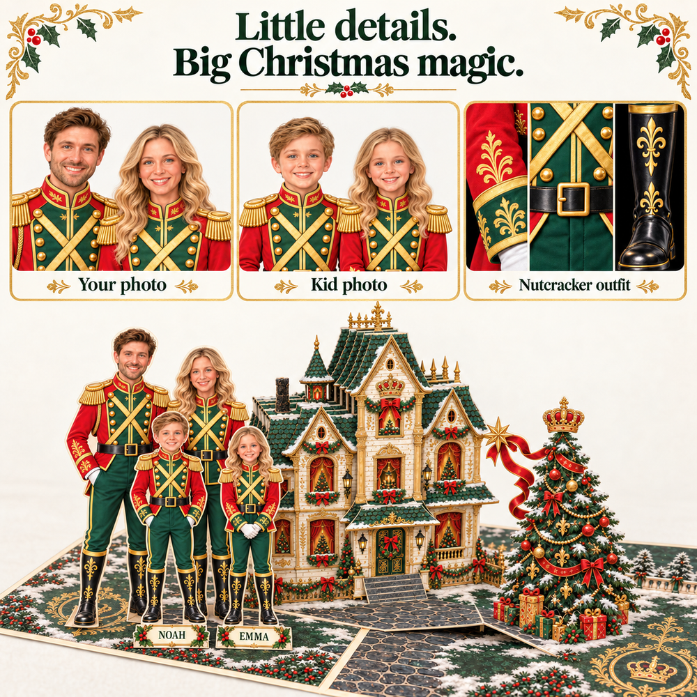 Personalized Christmas Family Pop-Up Card with Photos & Names – Royal Nutcracker