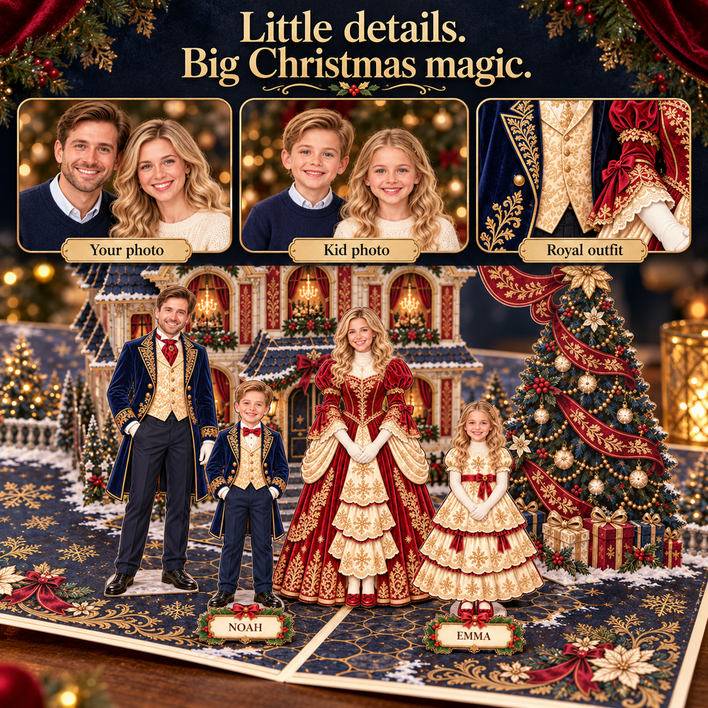 Personalized Christmas Family Pop-Up Card with Photos & Names – Velvet & Gold