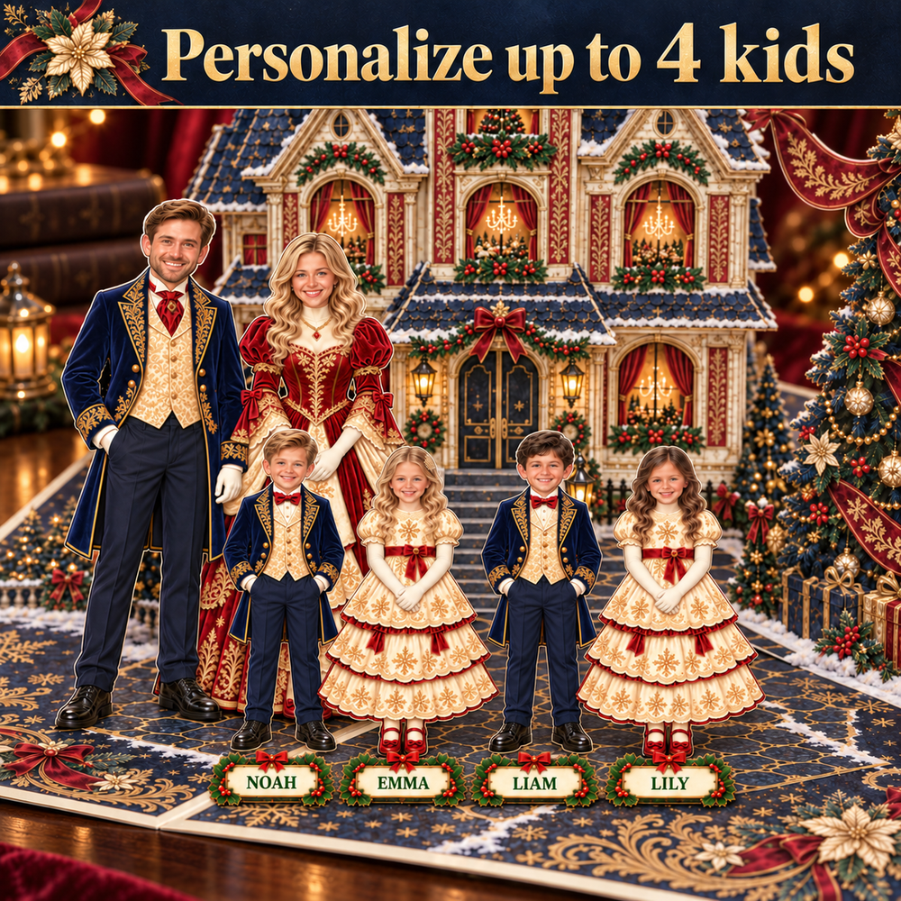 Personalized Christmas Family Pop-Up Card with Photos & Names – Velvet & Gold