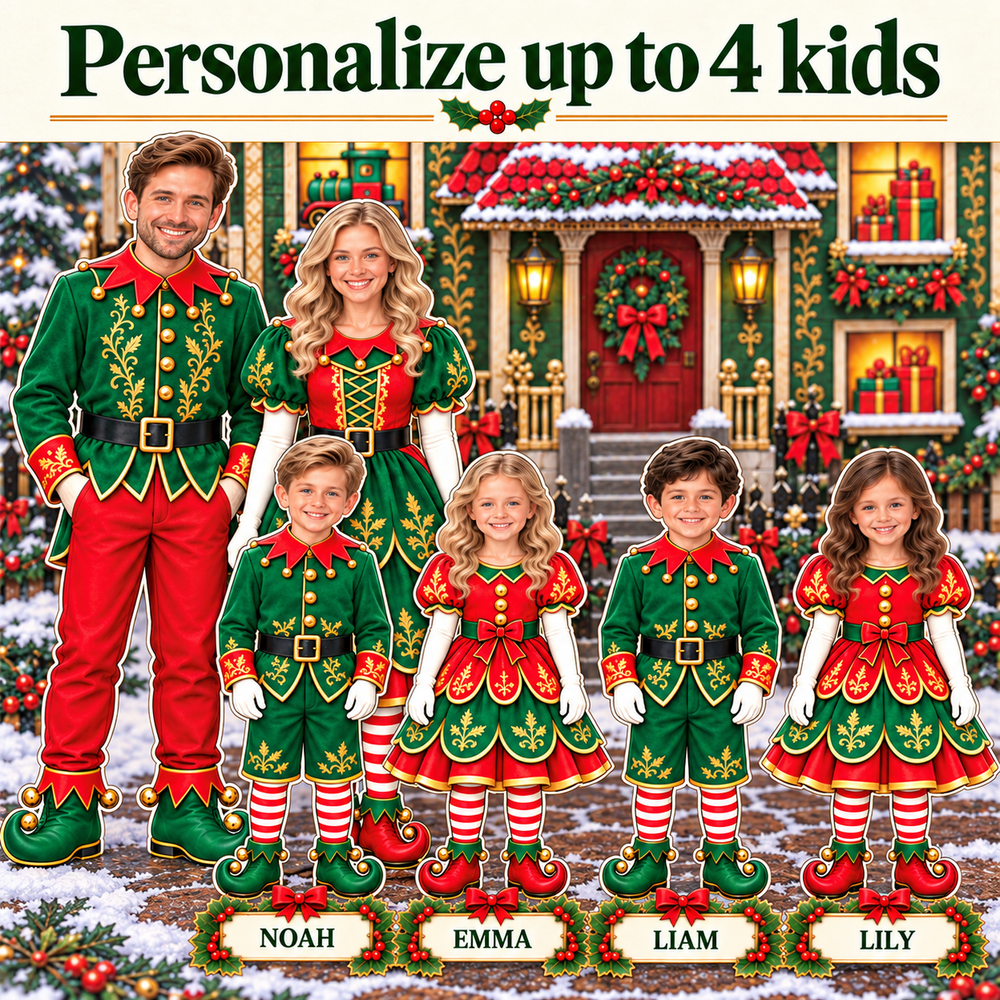 Personalized Christmas Family Pop-Up Card with Photos & Names – Santa’s Elf Family