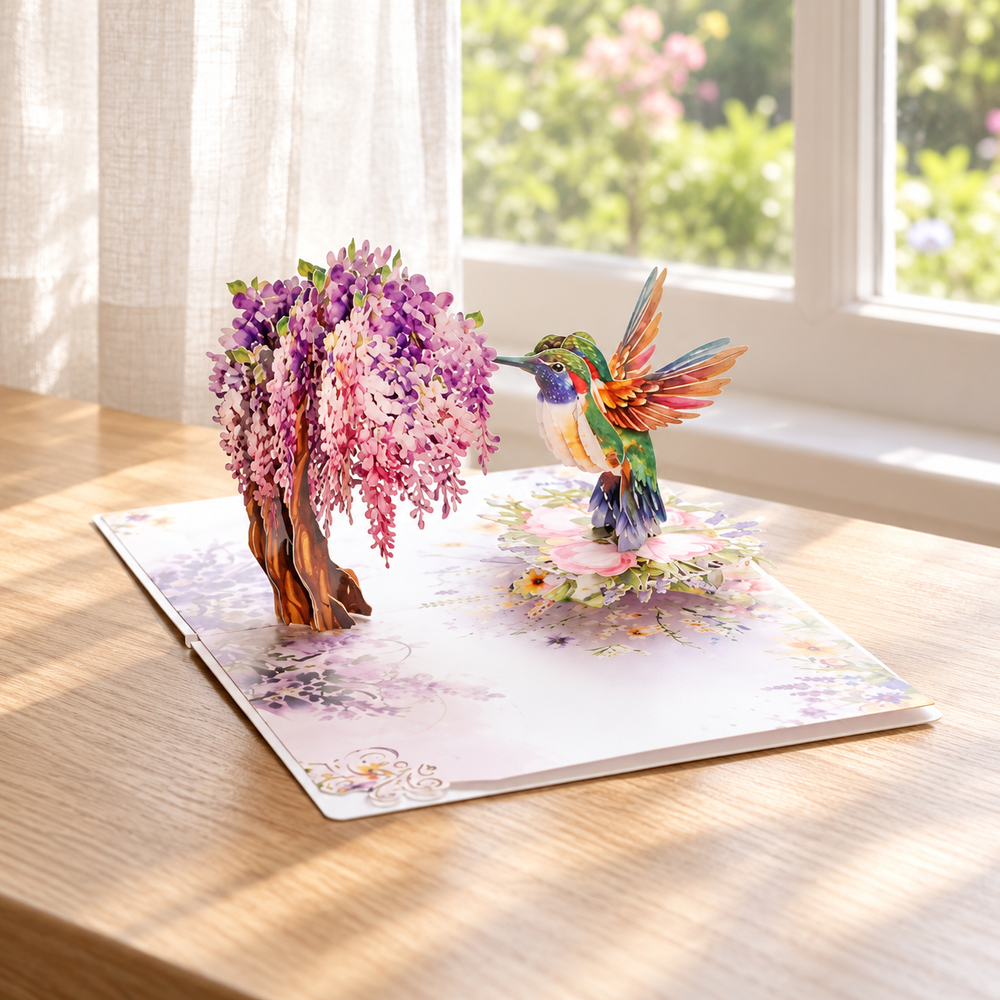 Soul of Papers - Hummingbird & Wisteria 3D Pop-Up Card – Floral Greeting Card for Mom, Birthday, Mother’s Day & Thinking of You