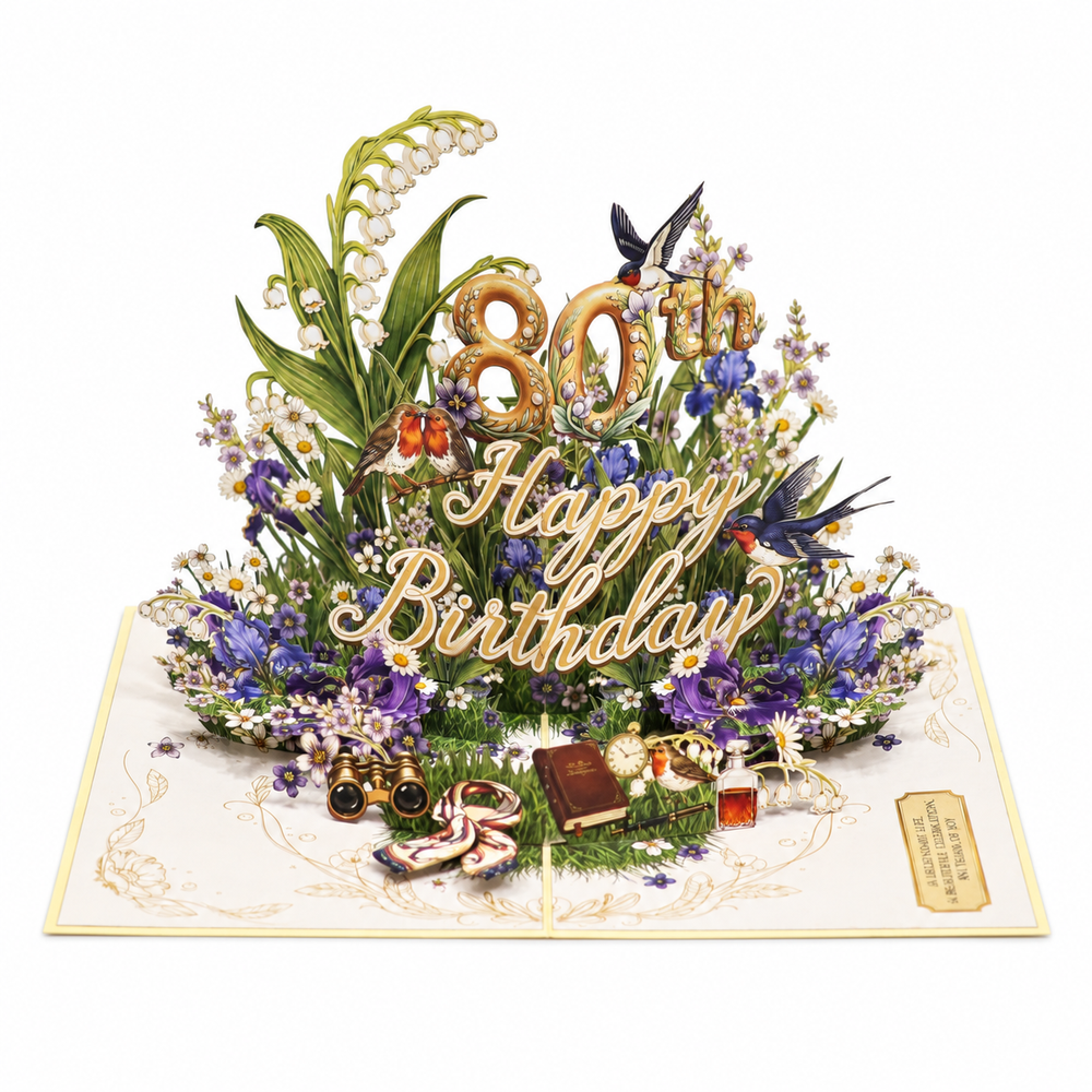 Vintage Garden 80th Birthday Pop-Up Card – 3D Greeting Card & Memorable Birthday Gift