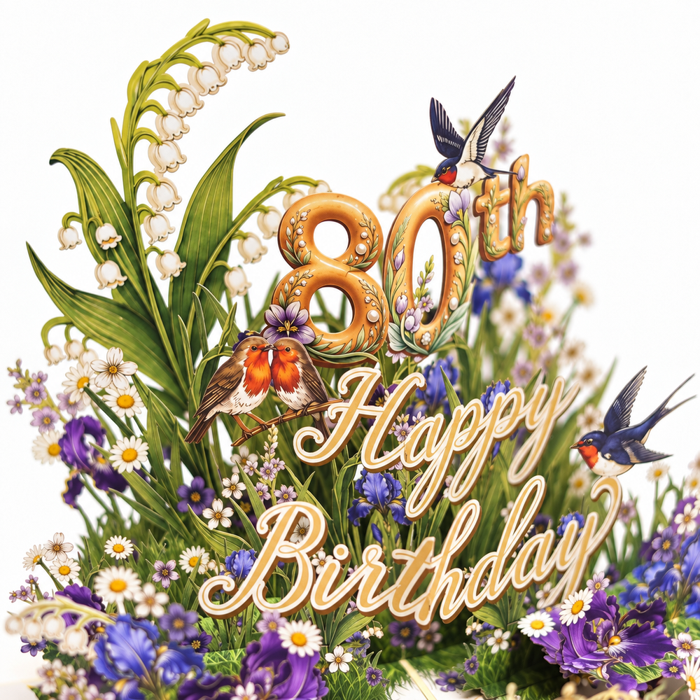 Vintage Garden 80th Birthday Pop-Up Card – 3D Greeting Card & Memorable Birthday Gift