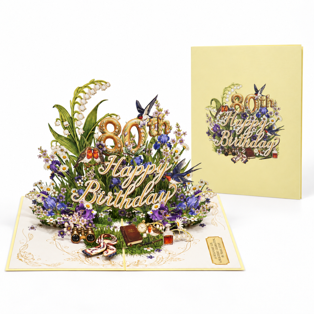 Vintage Garden 80th Birthday Pop-Up Card – 3D Greeting Card & Memorable Birthday Gift