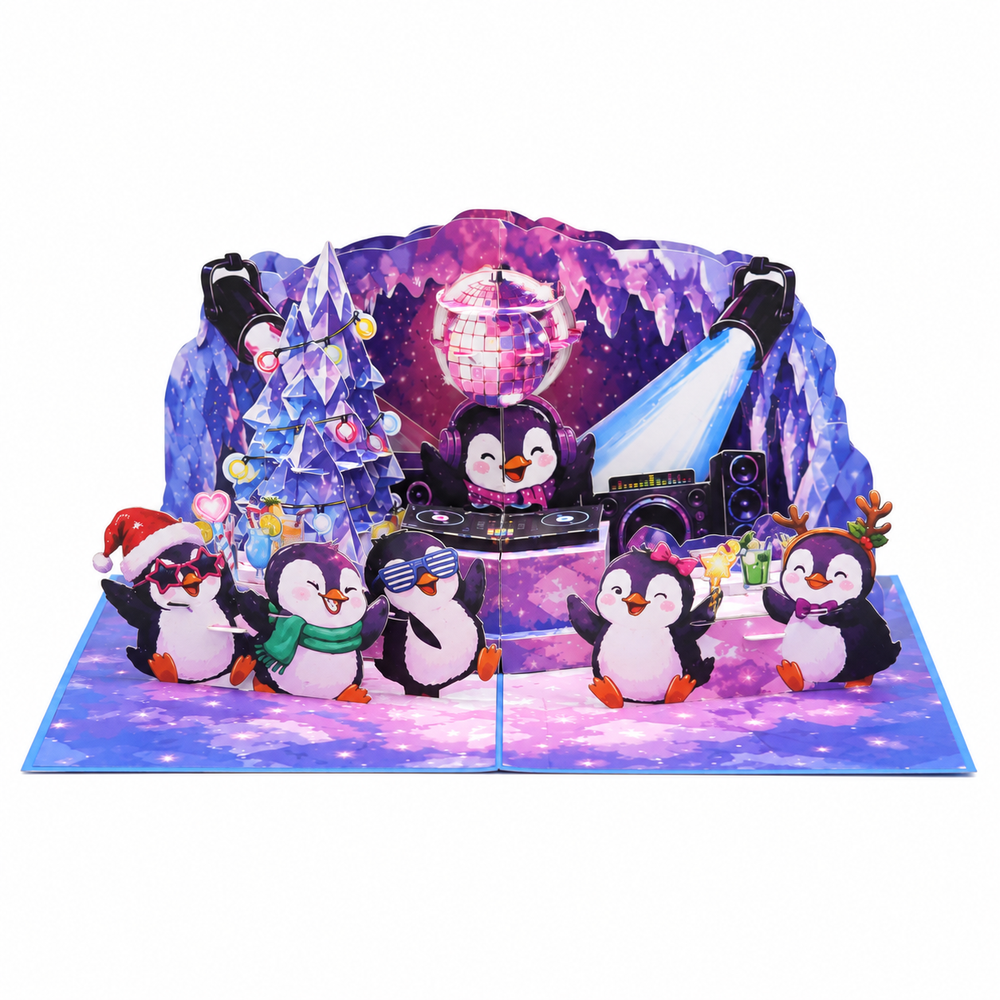Christmas Penguin Party Pop-Up Card – 3D Greeting Card & Fun Christmas Gift