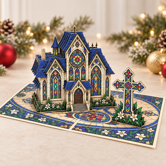 Stained Glass Church Christmas Pop-Up Card – 3D Greeting Card & Christmas Gift