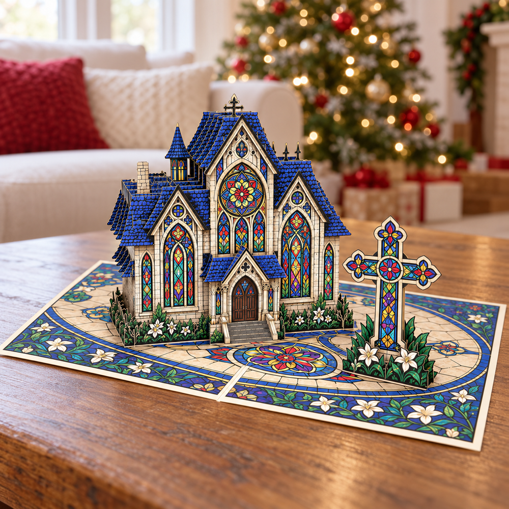 Stained Glass Church Christmas Pop-Up Card – 3D Greeting Card & Christmas Gift