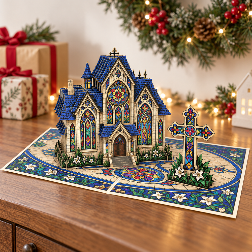 Stained Glass Church Christmas Pop-Up Card – 3D Greeting Card & Christmas Gift