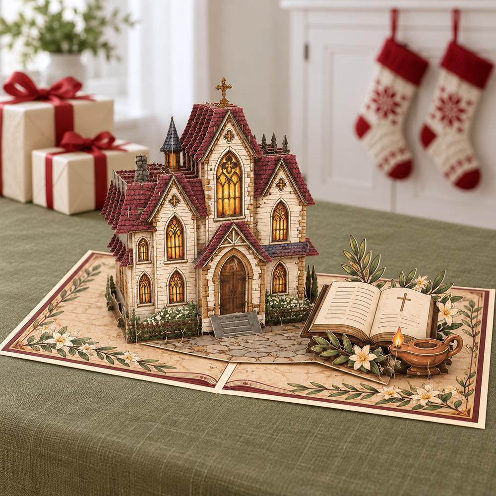 Christmas Church & Bible Pop-Up Card – 3D Greeting Card & Christmas Gift