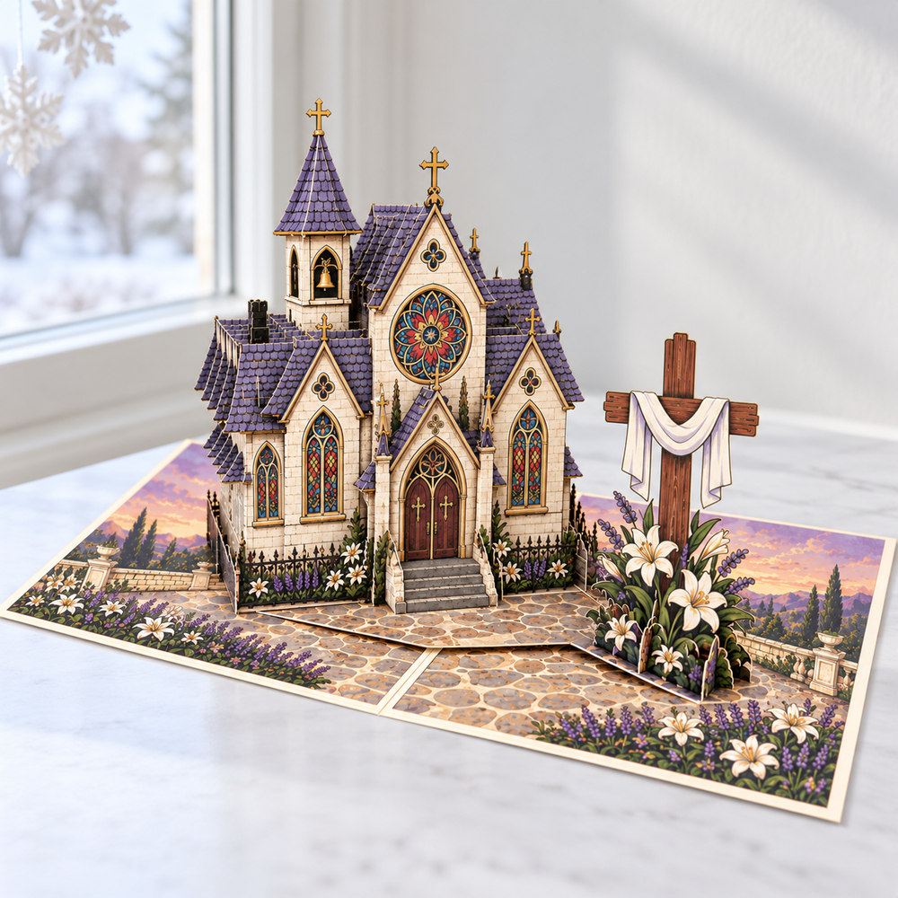 Christmas Church & Cross Pop-Up Card – 3D Greeting Card & Christmas Gift