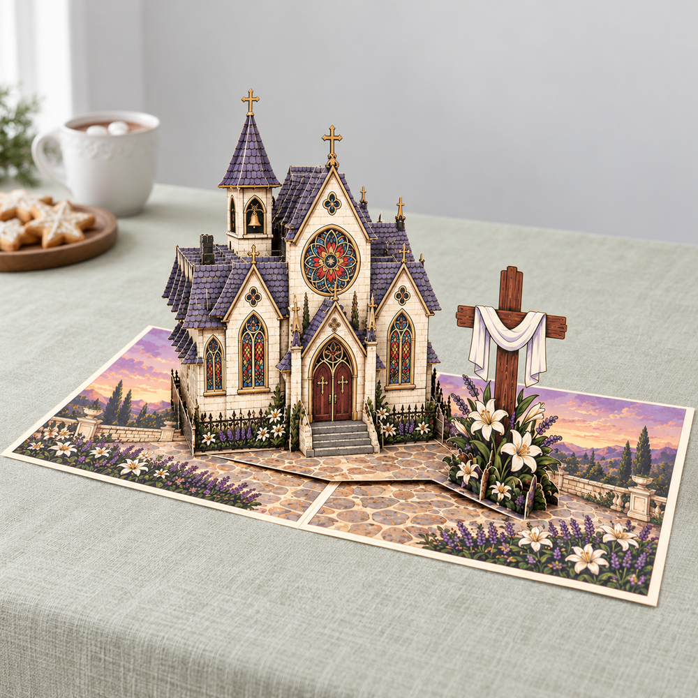 Christmas Church & Cross Pop-Up Card – 3D Greeting Card & Christmas Gift