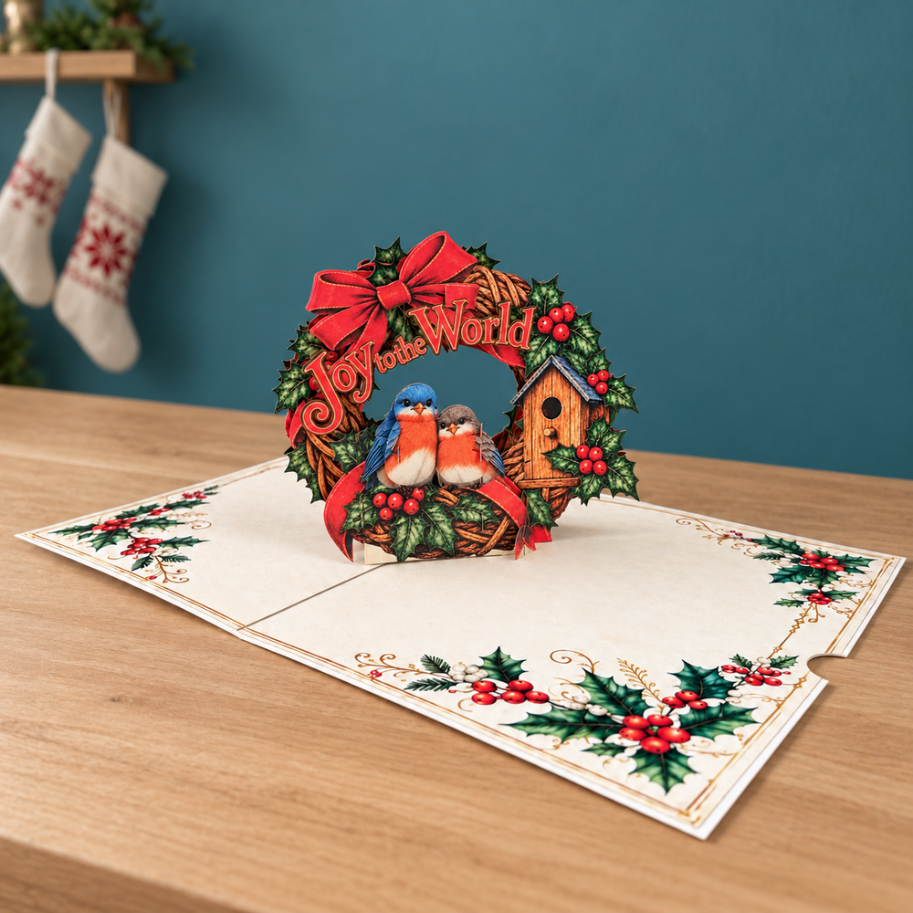 Joy to the World Christmas Wreath Pop-Up Card – 3D Greeting Card & Christmas Gift