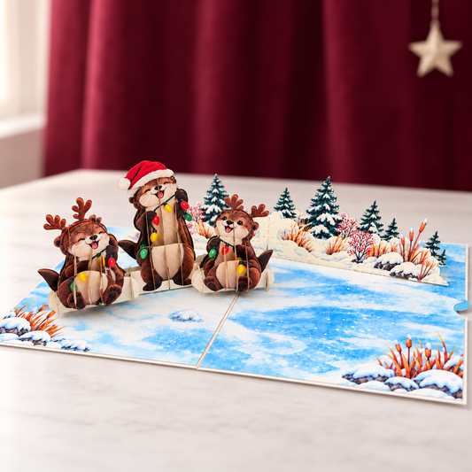 Christmas Otters Pop-Up Card – 3D Greeting Card & Christmas Gift for Animal Lovers