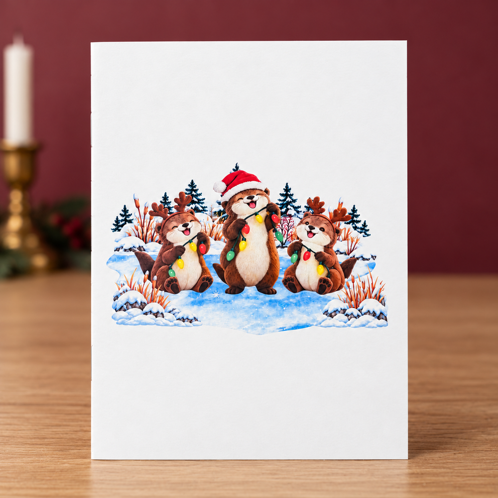 Christmas Otters Pop-Up Card – 3D Greeting Card & Christmas Gift for Animal Lovers