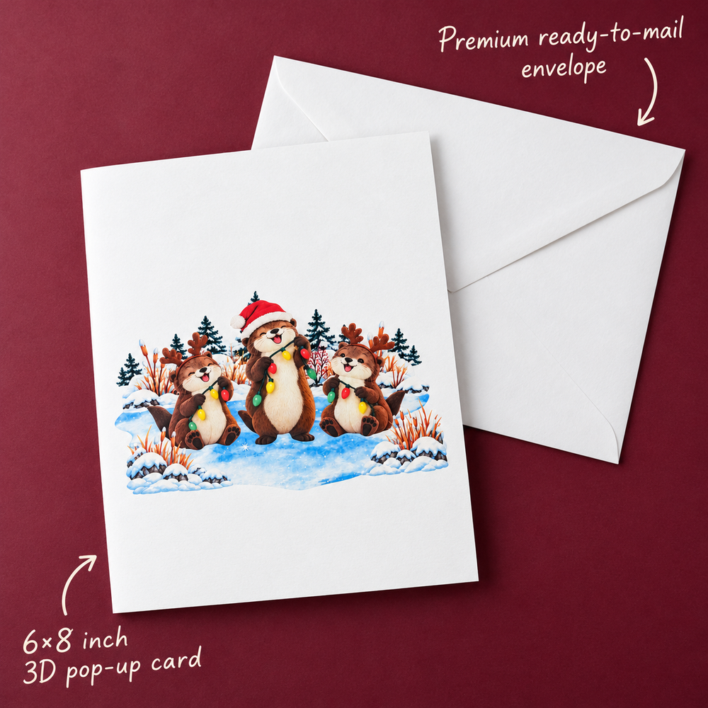 Christmas Otters Pop-Up Card – 3D Greeting Card & Christmas Gift for Animal Lovers