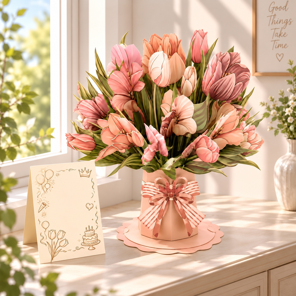 Pink Tulip Pop-Up Bouquet – 3D Paper Flower Bouquet & Gift
