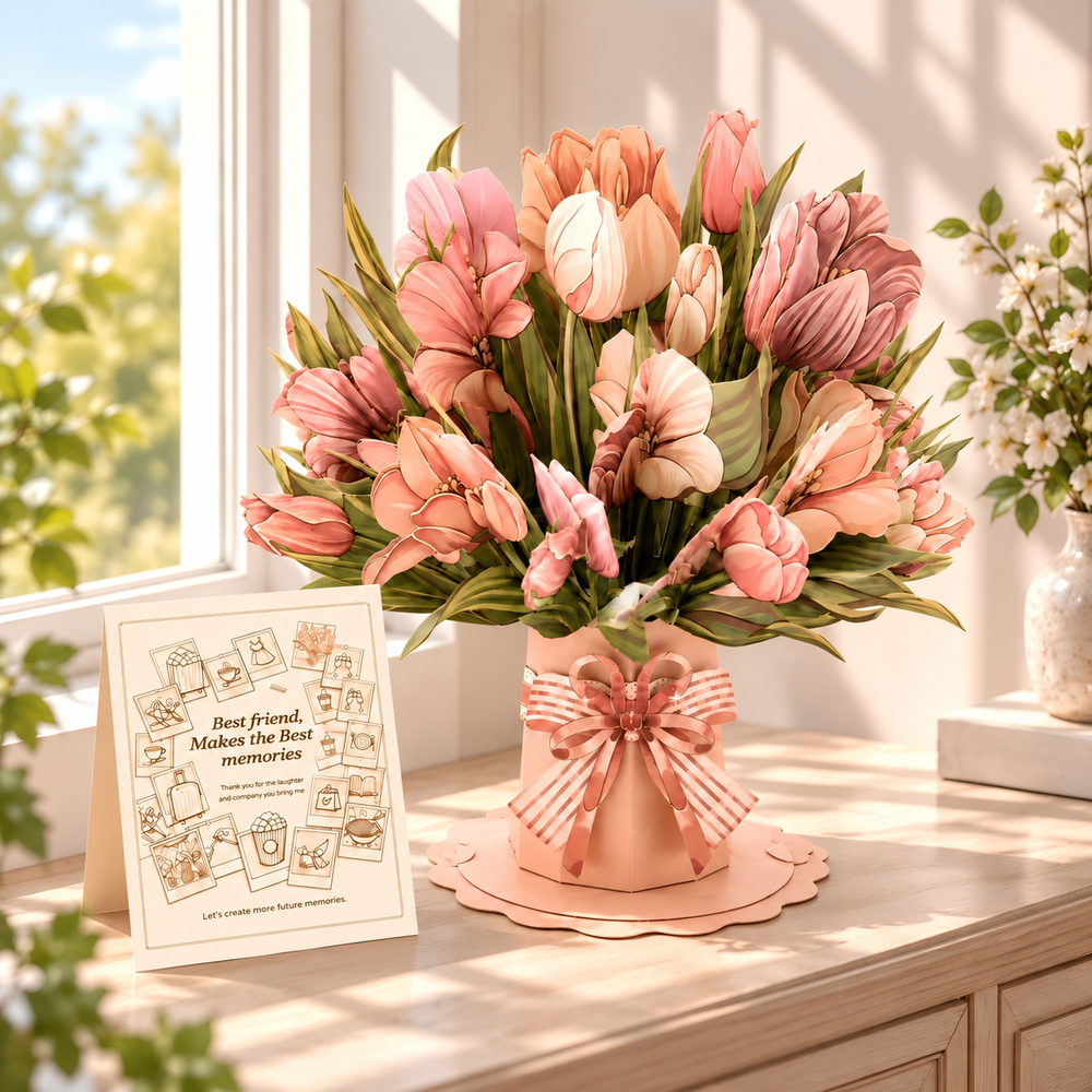 Pink Tulip Pop-Up Bouquet – 3D Paper Flower Bouquet & Gift