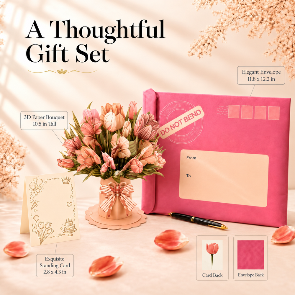 Pink Tulip Pop-Up Bouquet – 3D Paper Flower Bouquet & Gift