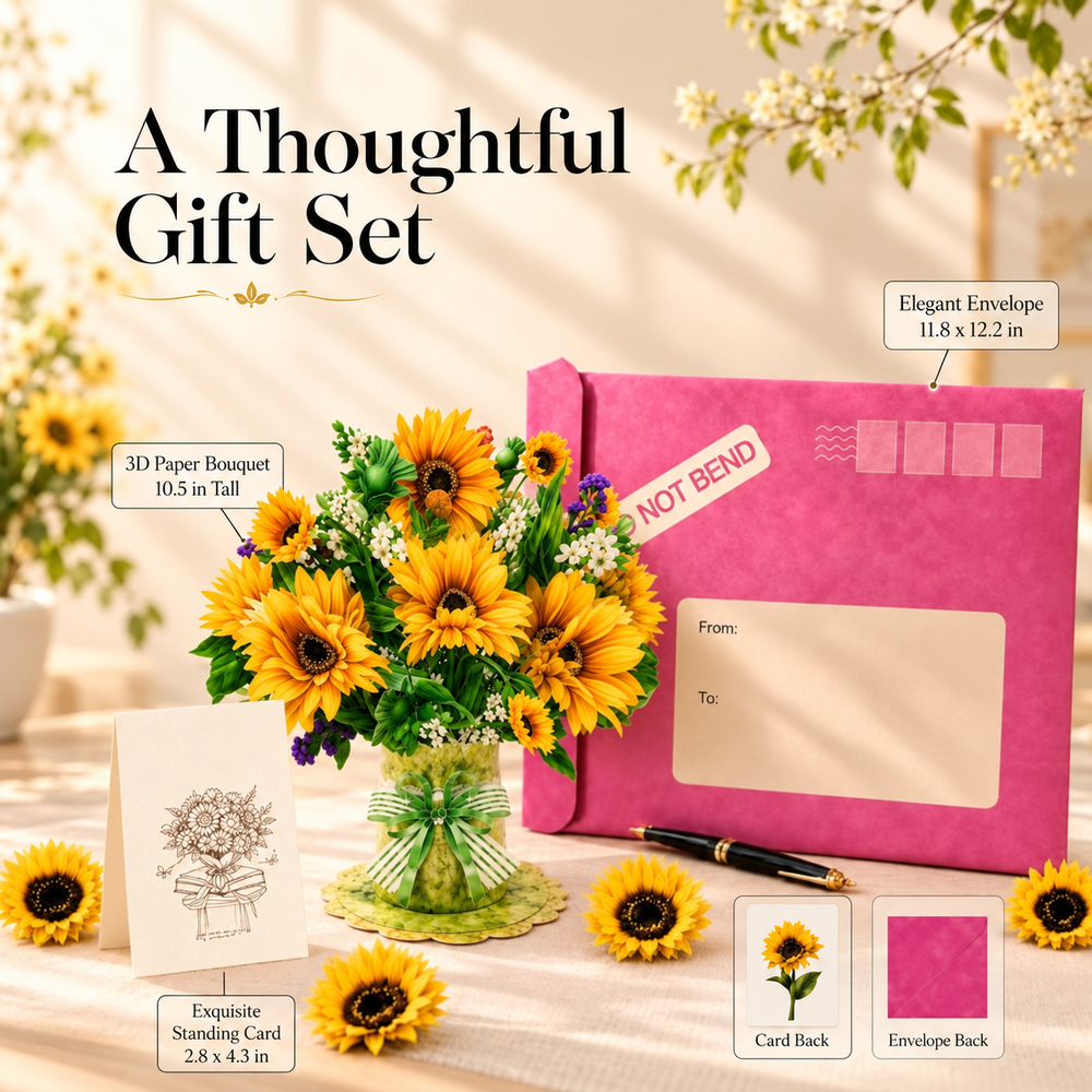 Sunshine Sunflower Pop-Up Bouquet – 3D Paper Flower Bouquet & Thank You Gift