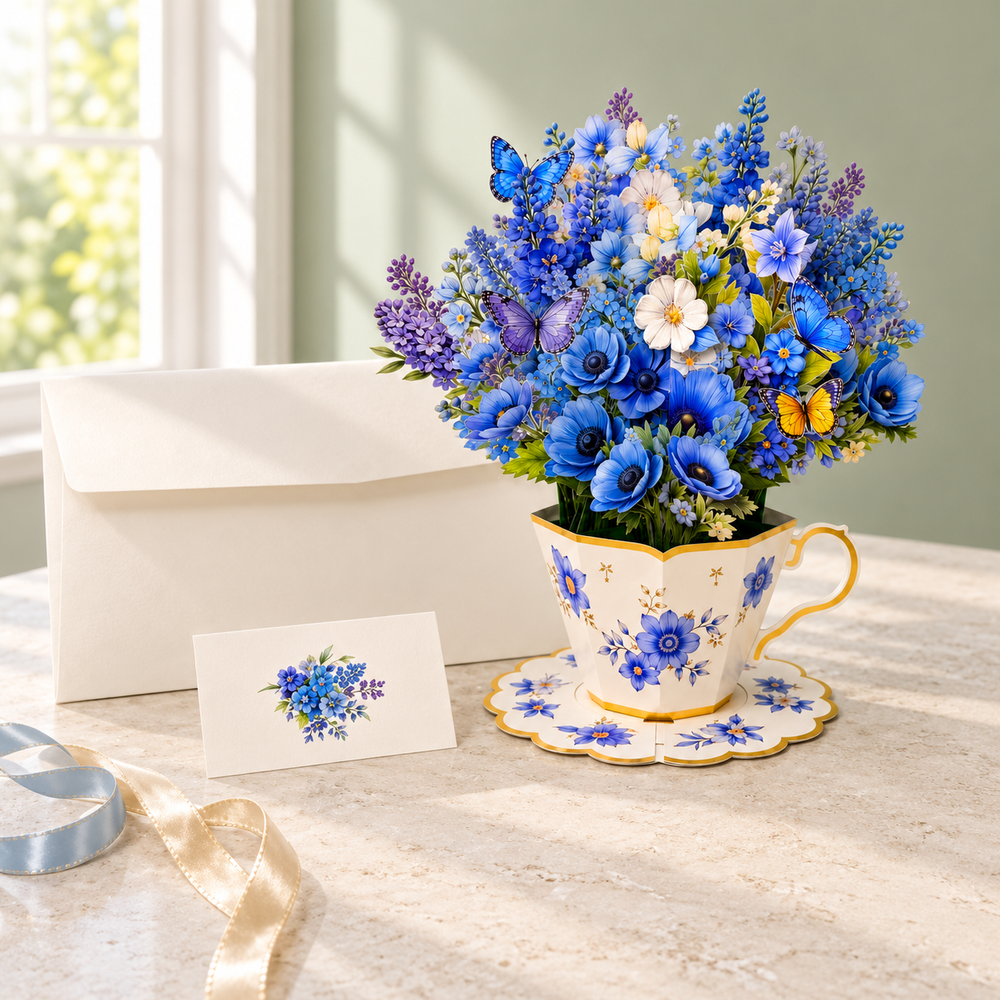 Blue Butterfly Teacup Pop-Up Bouquet – 3D Flower Gift