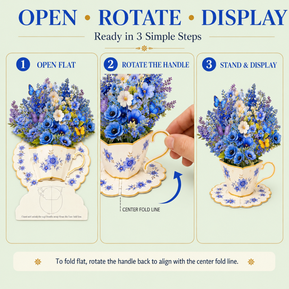 Blue Butterfly Teacup Pop-Up Bouquet – 3D Flower Gift