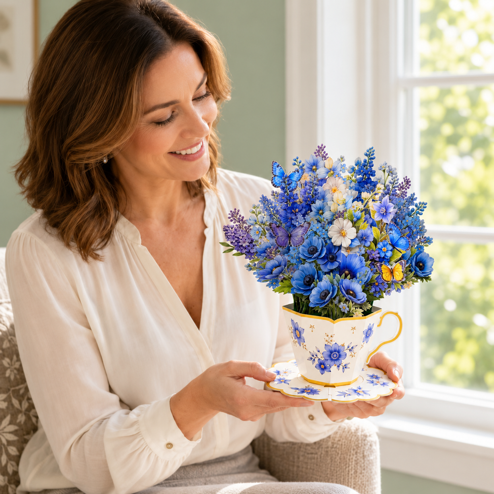 Blue Butterfly Teacup Pop-Up Bouquet – 3D Flower Gift