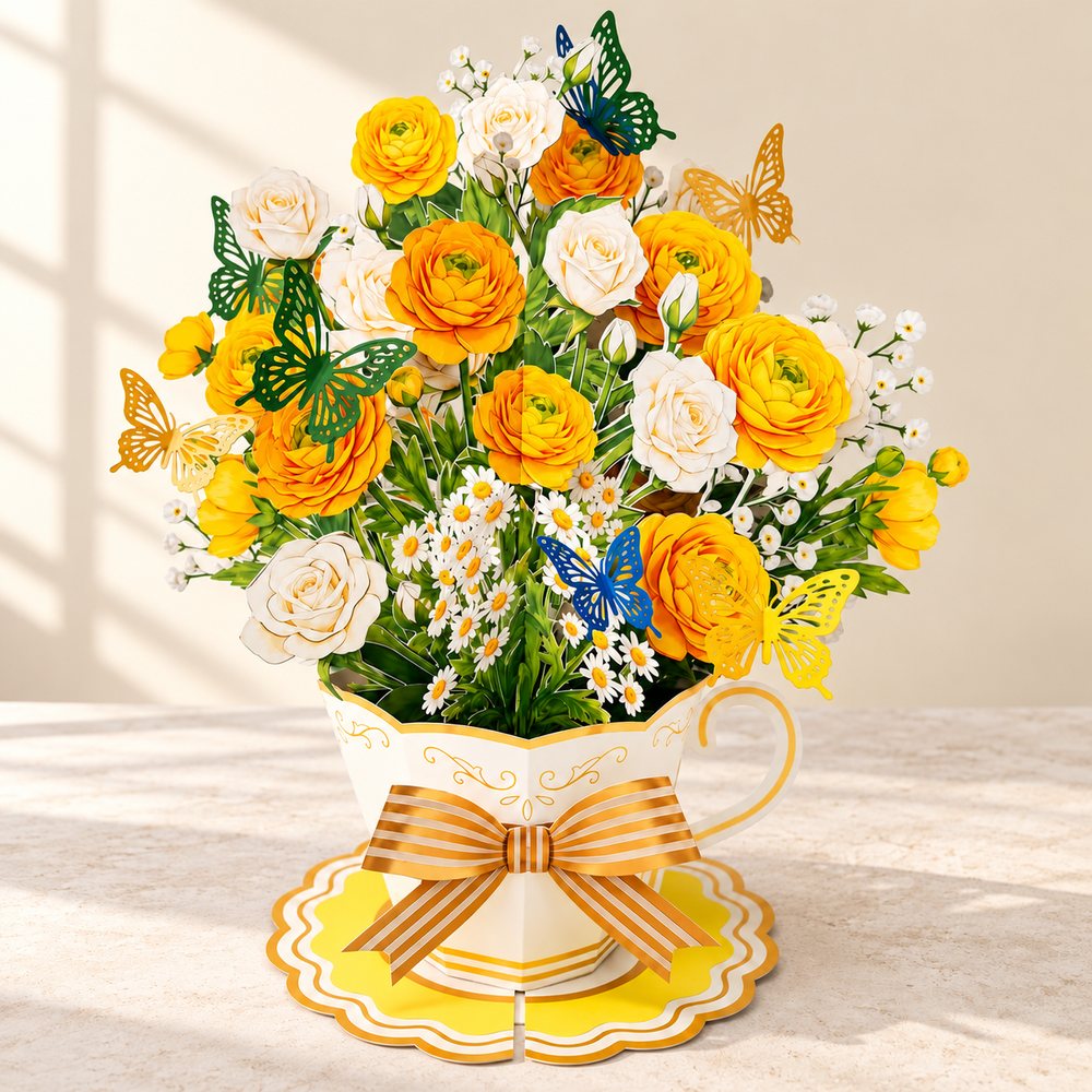 Yellow Butterfly Teacup Pop-Up Bouquet – 3D Flower Gift