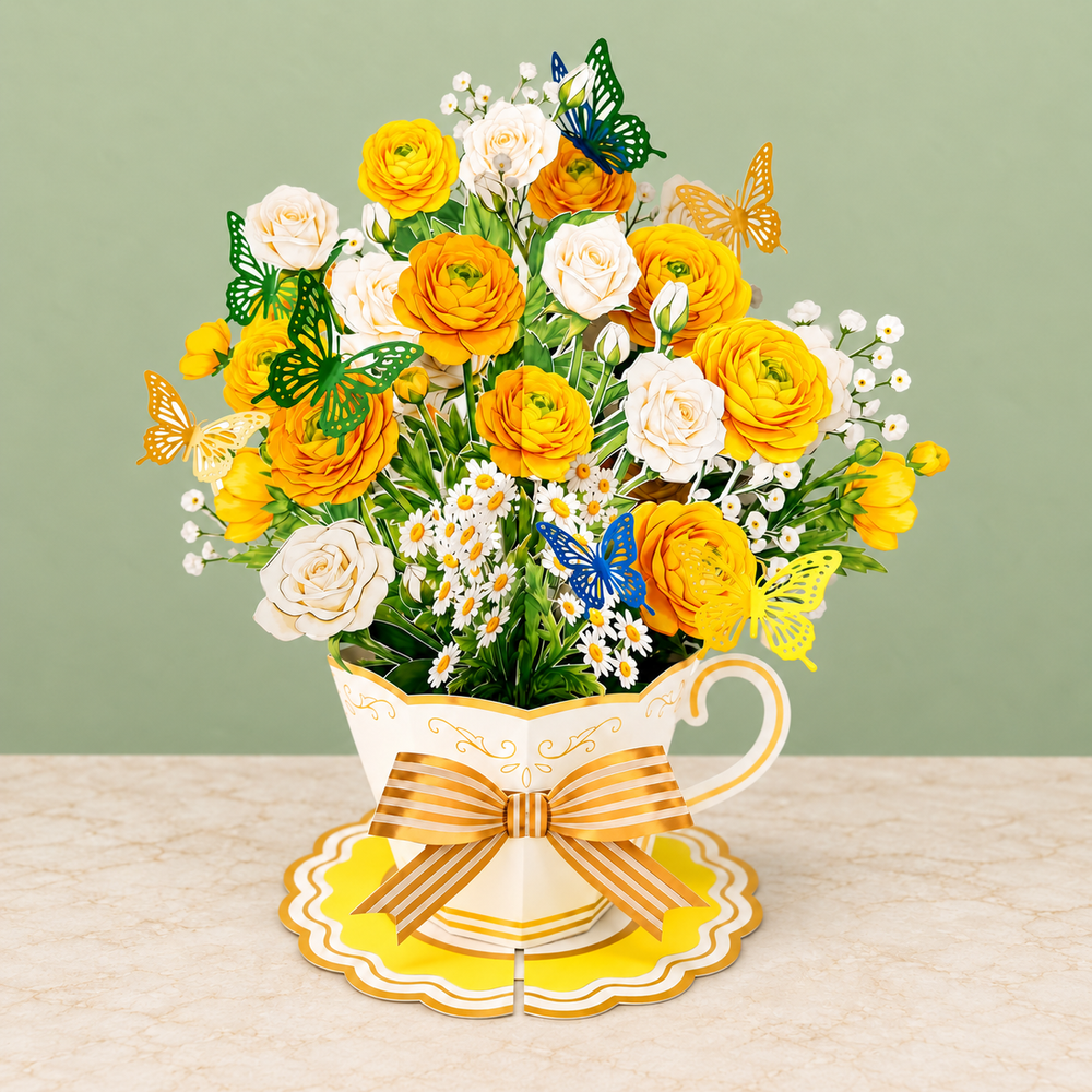 Yellow Butterfly Teacup Pop-Up Bouquet – 3D Flower Gift