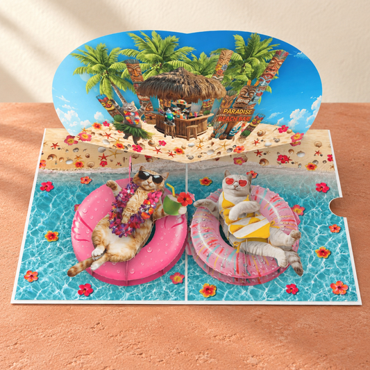 Tropical Pool Cats Pop-Up Card – 3D Greeting Card & Cat Lover Gift