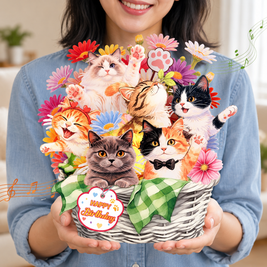 Birthday Kittens Basket Pop-Up Card – 3D Musical Greeting Card with Lights & Cat Lover Gift
