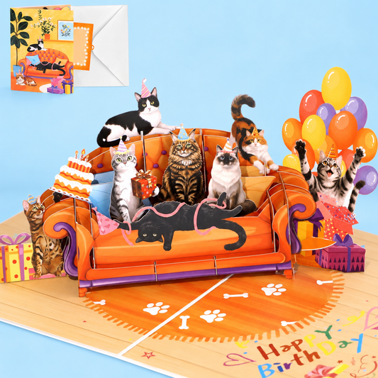 Birthday Cats on Sofa Pop-Up Card – 3D Greeting Card & Cat Lover Gift