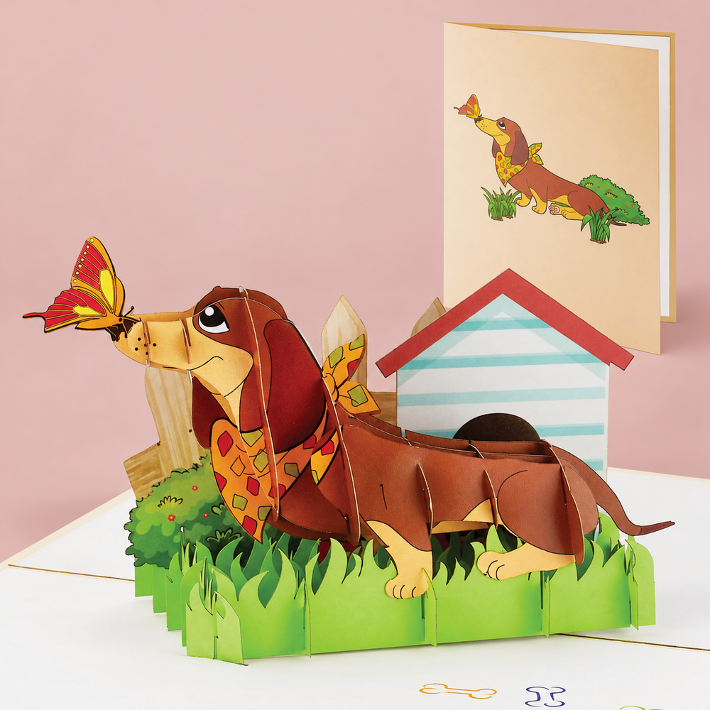 Dachshund & Butterfly Pop-Up Card – 3D Greeting Card & Dog Lover Gift