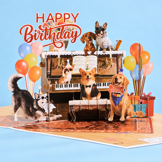 Birthday Dogs Piano Party Pop-Up Card – 3D Greeting Card & Dog Lover Gift