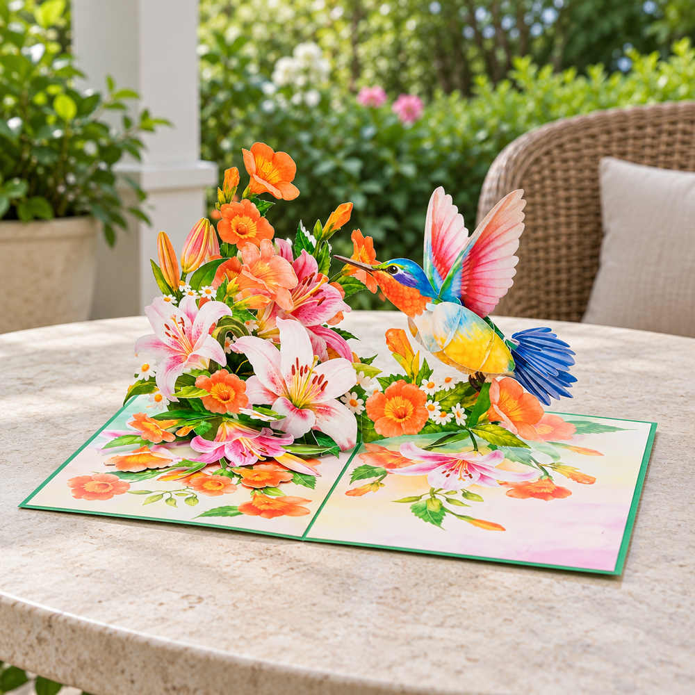 Soul of Papers - Hummingbird & Lilies 3D Pop-Up Card – Flower Greeting Card for Mom, Birthday, Mother’s Day & Get Well