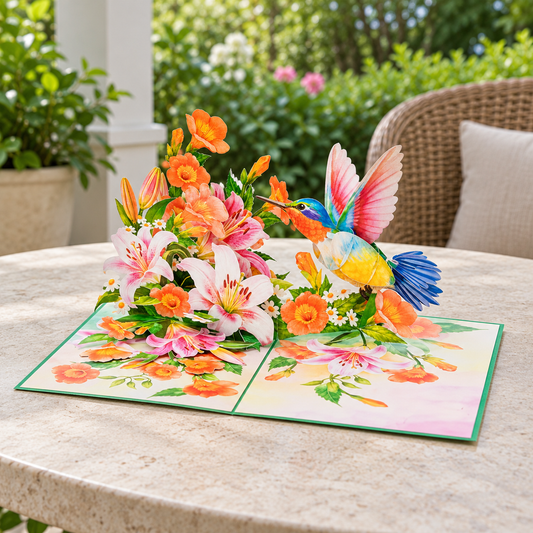 Soul of Papers - Hummingbird & Lilies 3D Pop-Up Card – Flower Greeting Card for Mom, Birthday, Mother’s Day & Get Well