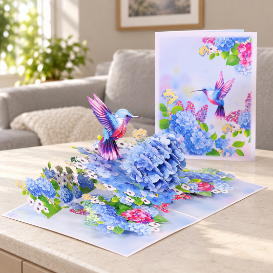 Soul of Papers - Hummingbird & Hydrangea 3D Pop-Up Card – Blue Floral Card for Mom, Birthday, Mother’s Day & Thank You