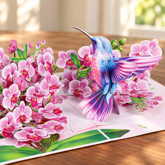 Soul of Papers - Hummingbird & Orchid 3D Pop-Up Card – Pink Orchid Card for Mom, Wife, Anniversary & Valentine’s Day