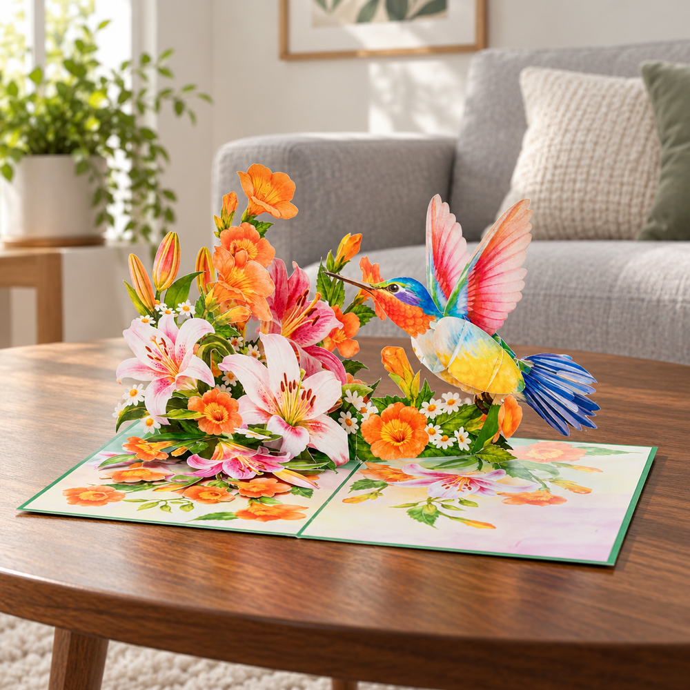 Soul of Papers - Hummingbird & Lilies 3D Pop-Up Card – Flower Greeting Card for Mom, Birthday, Mother’s Day & Get Well