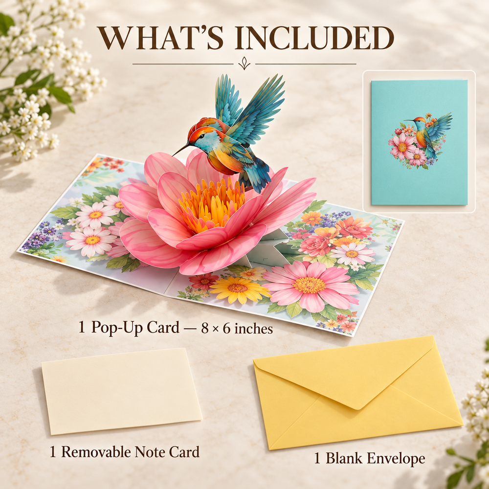Soul of Papers - Hummingbird in Bloom 3D Pop-Up Card – Pink Flower Birthday Card for Her, Wife, Best Friend & Mom