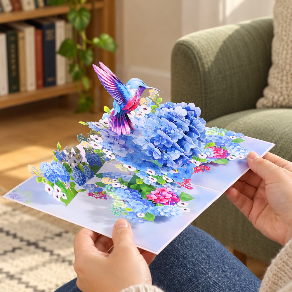 Soul of Papers - Hummingbird & Hydrangea 3D Pop-Up Card – Blue Floral Card for Mom, Birthday, Mother’s Day & Thank You